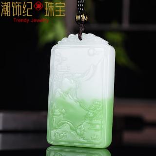 泽彩和田玉山水牌吊坠翠青玉山水玉牌子玉男转运翡翠色山水